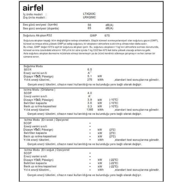 Airfel Vibe LTXQ50C Wifi A++ 18000 BTU Inverter Duvar Tipi Klima