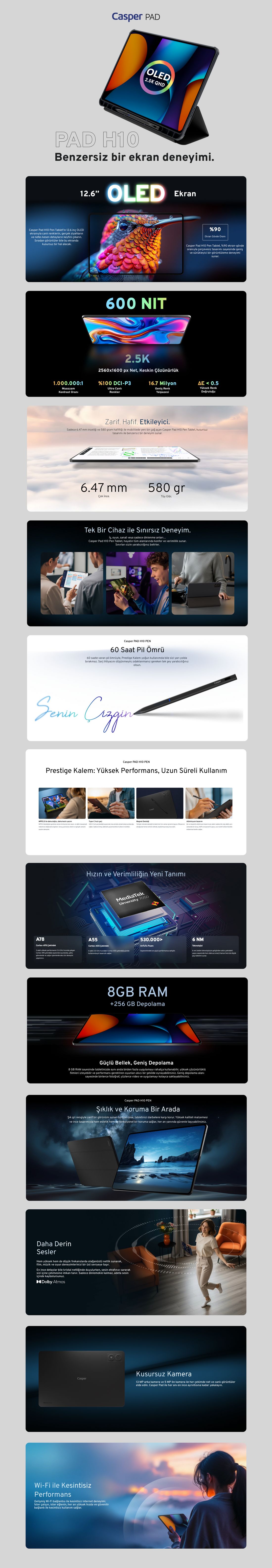 Casper PAD H10 PEN 12.6" Oled Tablet 8GB Ram 256GB + Casper H10 Tablet Kılıfı + Prestige Kalem