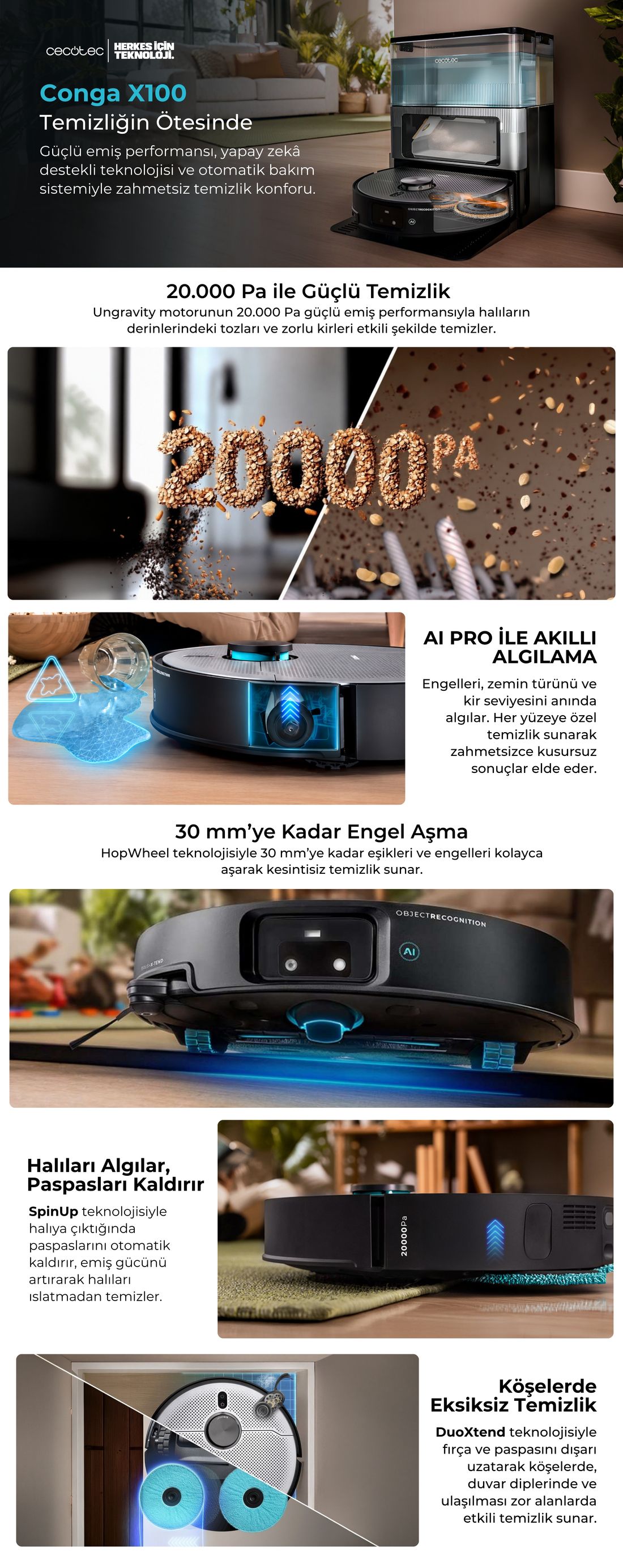Cecotec Conga X100 AI Robot Süpürge, 20.000 Pa, Kameralı AI ve Lazer Navigasyon, 4'ü 1 Arada İstasyon