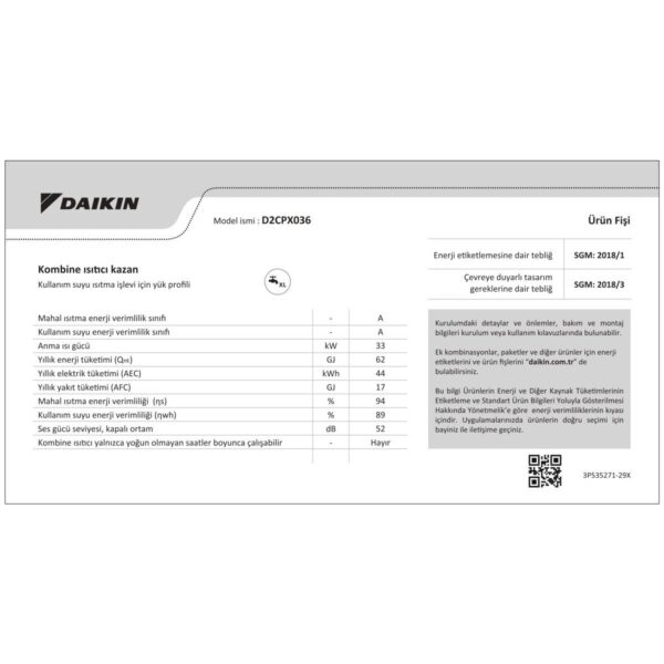 Daikin Premix Vz 36 kW Tam Yoğuşmalı Kombi Hermetik Baca ile Verimli Isıtma Teknolojisi (TR.D2CPX036CATR.01)