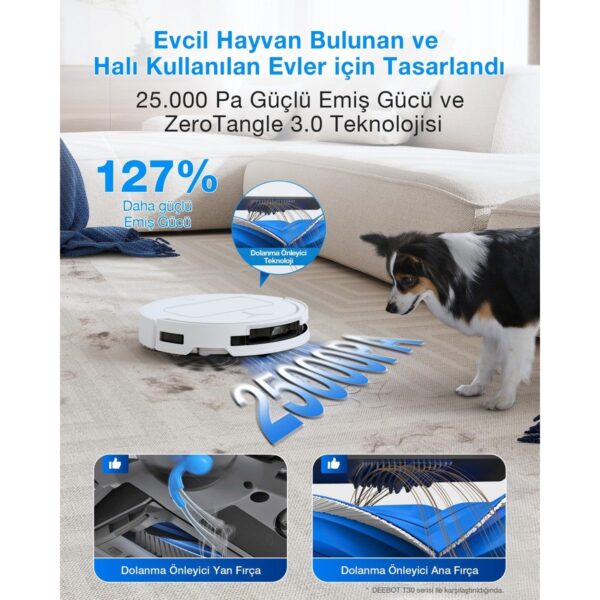 Ecovacs Akıllı Robot Süpürge ve Çöp İstasyonu, 25.000Pa Emiş Gücü, 81mm Ultra İnce Tasarım, 75°C Sıcak Su ile Mop Yıkama, ZeroTangle 2.0, AIVI 3D 3.0, YIKO-GPT Akıllı Temizlik, Beyaz