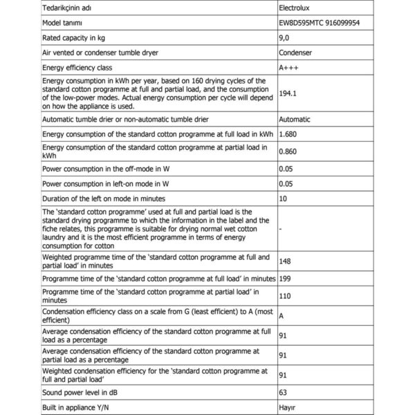 Electrolux EW8D595MTC Ultracare 800 9 kg Isı Pompalı Kurutma Makinesi