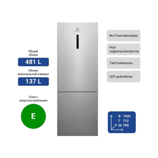 Electrolux LNT6ME46X3 481 Litre No Frost Kombi Buzdolabı E Enerji Sınıfı ile Hızlı Soğutma Özelliği