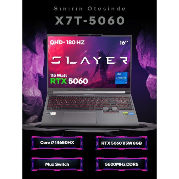 Game Garaj Slayer X7T-5060 C7 Intel Core I7 14650HX 16GB Ram 1tb SSD RTX5060 16″ Qhd+ 180Hz IPS Freedos Gaming Laptop