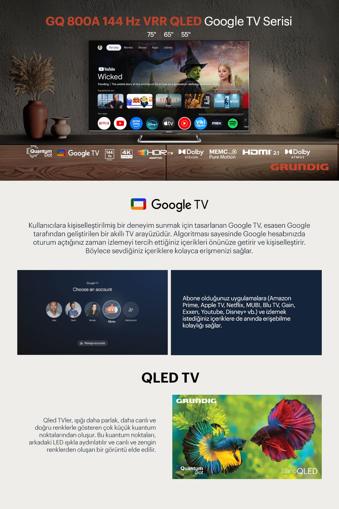 Grundig 55 GQ 800A 55" 139 Ekran Uydu Alıcılı 4K Ultra HD Google Smart QLED TV