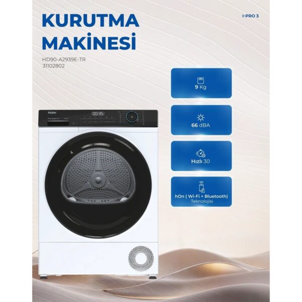 Haier HD90-A2939E-TR 9 kg Wi-Fi Bağlantılı Isı Pompalı Kurutma Makinesi E Enerji Sınıfı ve Sessiz Çalışma