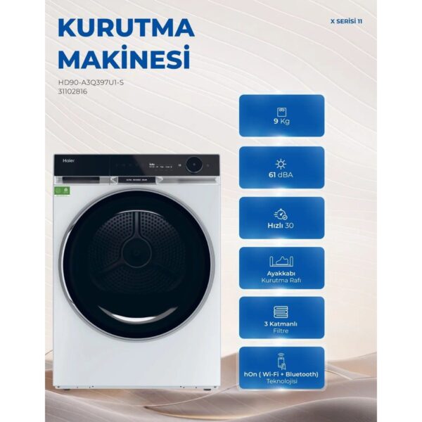 Haier HD90-A3Q397U1-S 9 kg Wi-Fi Bağlantılı Isı Pompalı Kurutma Makinesi