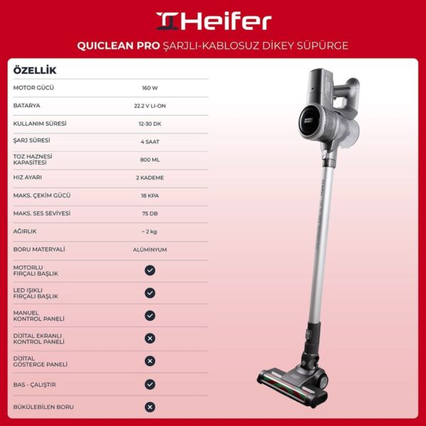 Heifer Quiclean Pro Şarjlı Kablosuz Dikey Süpürge