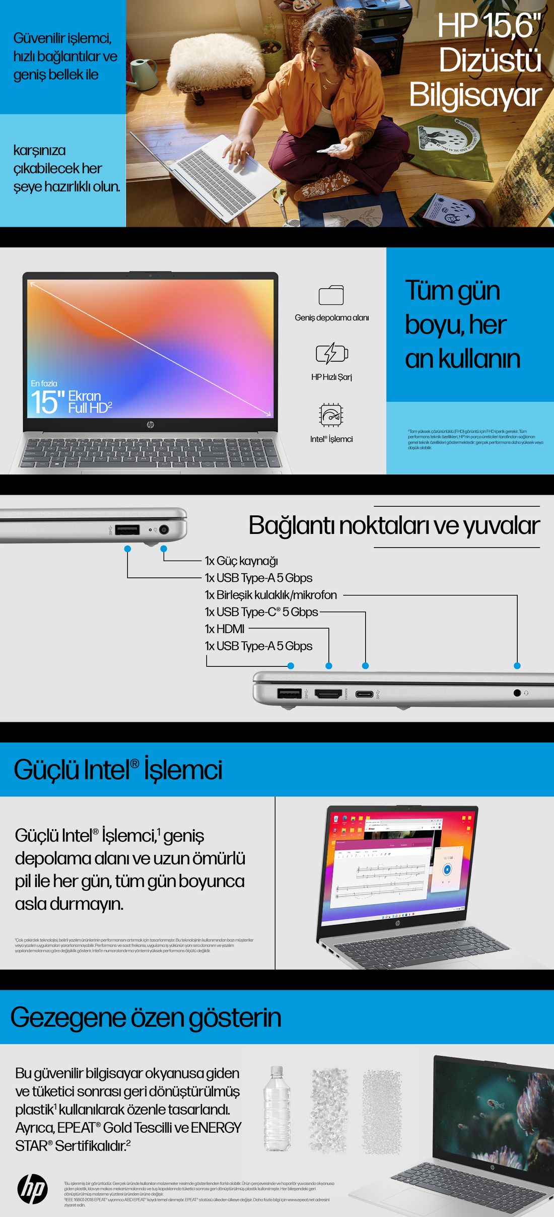 HP AI 15 Intel® Core™ Ultra 5 225U 16GB 512GB SSD Freedos 15.6" Taşınabilir Bilgisayar D51E0EA