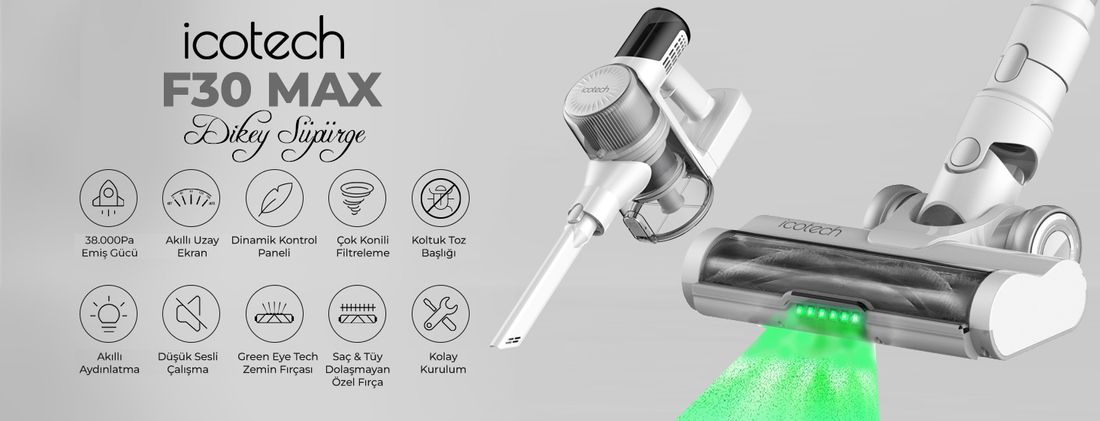 Icotech F30 Max 38KPA Greeneye Lazer Teknoloji Şarjlı Dikey Süpürge