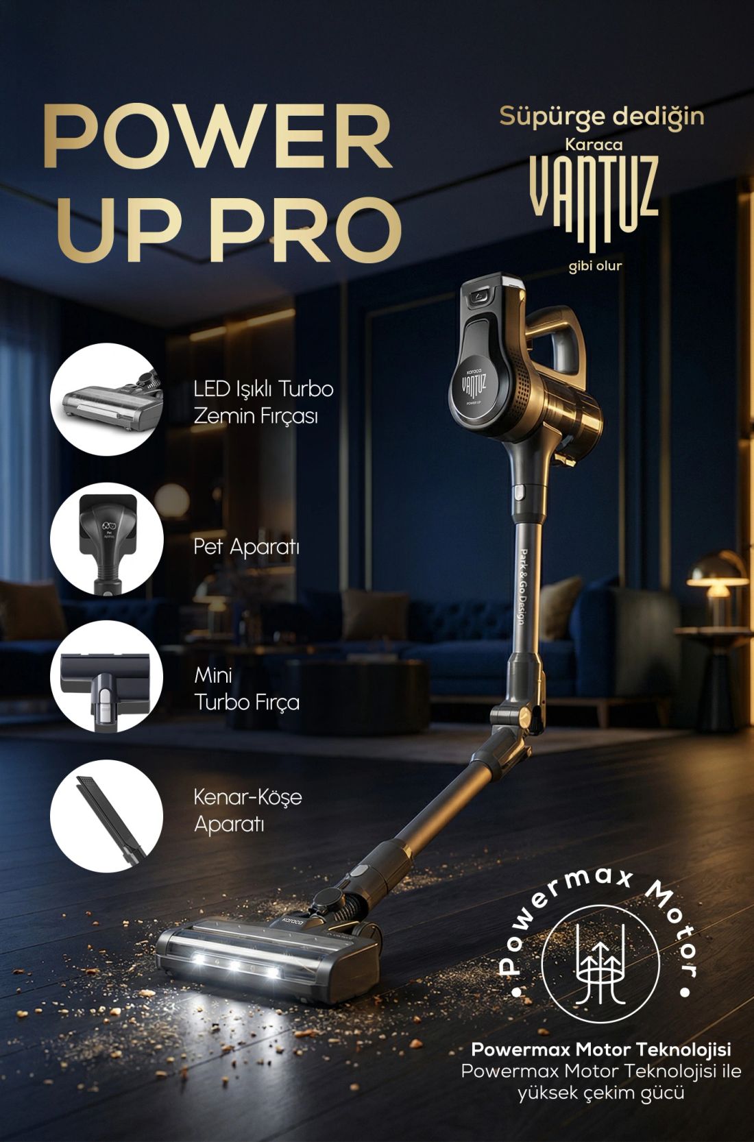 Karaca Power Up Pro 350 W Dik Süpürge Altın Renk HEPA Filtreli 0,6 L Toz Haznesi ile Güçlü Temizlik