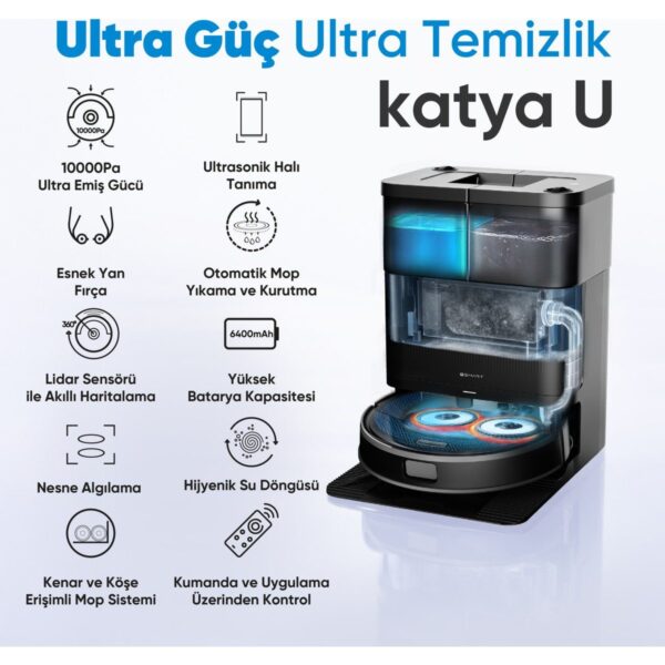 katya U Akıllı Robot Süpürge 10000PA Yüksek Emiş Gücü, Otomatik Mop Yıkama ve Kurutma