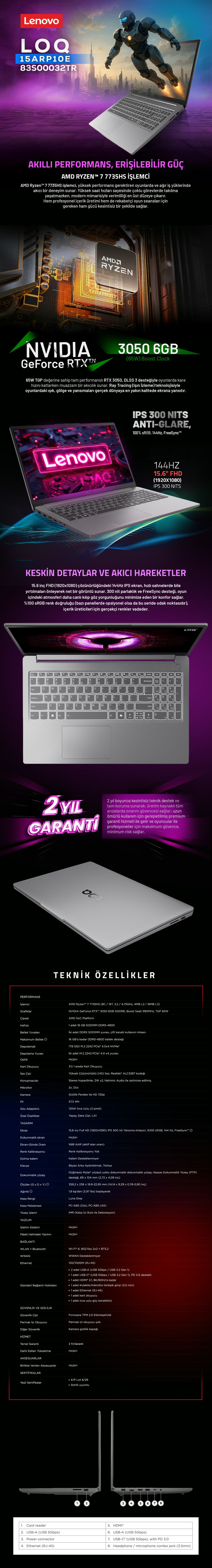 Lenovo LOQ Essential AMD Ryzen 7 7735HS 16GB 512GB SSD RTX3050 Freedos 15.6" FHD 144Hz Taşınabilir Bilgisayar 83S00033TR