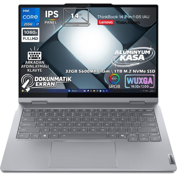 Lenovo Thinkbook 14 2-In-1 G5 Iau Intel Core Ultra 7 255U 32GB 1TB SSD 14″ WUXGA (1920X1200) IPS Panel Dokunmatik Freedos Taşınabilir Bilgisayar 21SQ003BTX + Lenovo Yoga Kalem