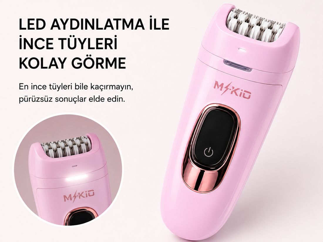 Mkio 7 Parça Şarjlı Işıklı Epilatör, LED Ekranlı Epilasyon Cihazı, 2 Kademe Hız Ayarı, 60 Dakika Kullanım, Yüz-KoltukAltı-BikiniBölgesi-Bacak Islak-Kuru Kullanım, Kadın Tıraş Cihazı