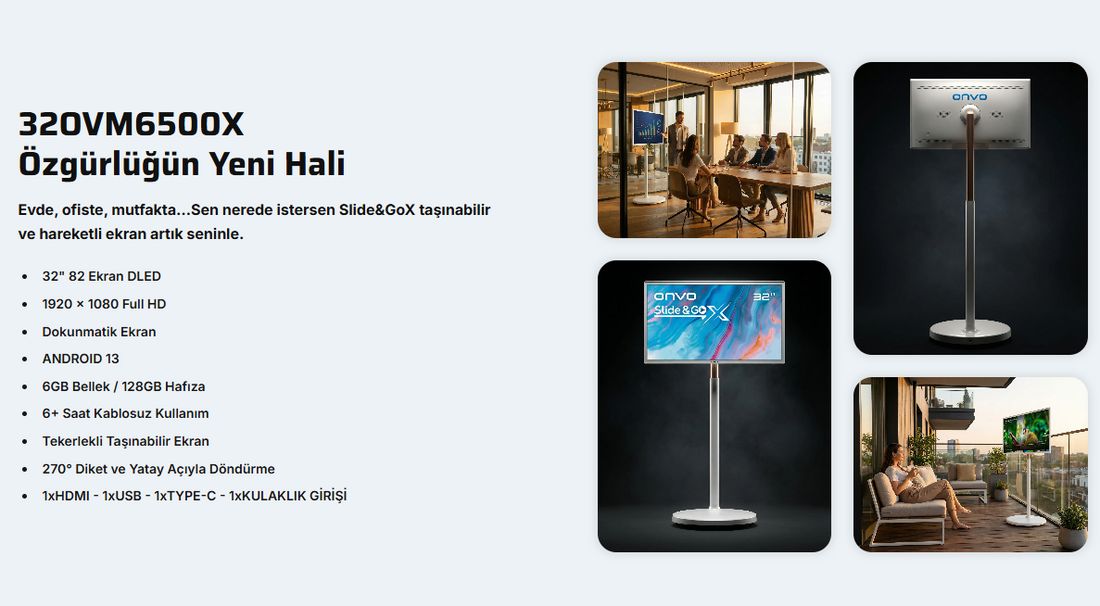 Onvo 32OVM6500X 32'' 82 Ekran Slide&GoX Android 13 Smart LED Ekran ( Taşınabilir, Dokunmatik )