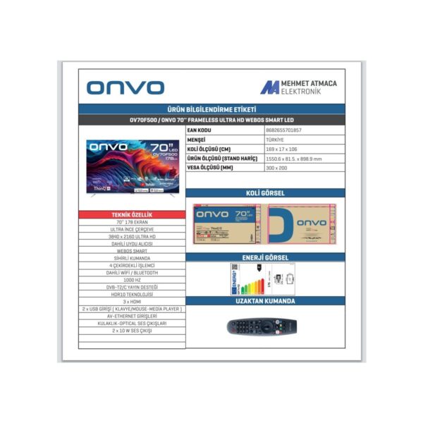 Onvo OV70F500 70″ 178 Ekran Uydu Alıcılı 4K Ultra HD Smart LED TV