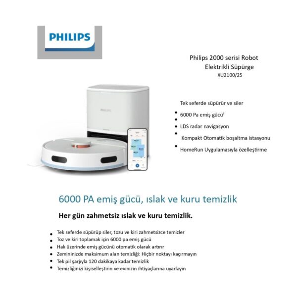 Philips 2000 Serisi Robot Süpürge, Islak ve Kuru Temizlik, LDS Radar Teknolojisi, Otomatik Boşaltma İstasyonu, HomeRun, Beyaz, XU2100/25