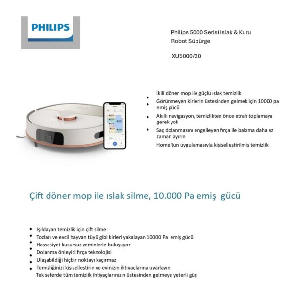 Philips 5000 Serisi Islak Kuru Robot Süpürge, Yüksek Emiş Gücü, Uzun Çalışma Süresi, HomeRun, Lazer Teknolojisi, Beyaz, XU5000/20