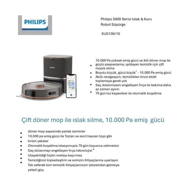 Philips 5000 Serisi Islak Kuru Robot Süpürge, Yüksek Emiş Gücü, Uzun Çalışma Süresi, HomeRun, Otomatik Boşaltma İstasyonu, Gri, XU5100/10