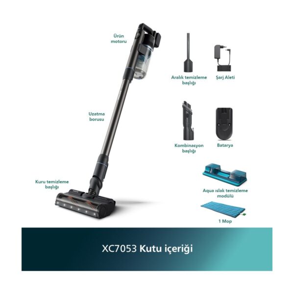 Philips 7000 Serisi Aqua 25.2 V Kablosuz Dik Süpürge, PowerCyclone 12, TriActive Başlık, 80 dk’ya kadar Çalışma, 3 Aşamalı Filtreleme, XC7053/01