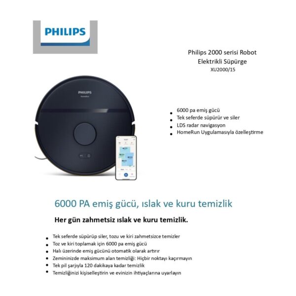 Philips2000 Serisi Robot Süpürge 6000 Pa Emiş Gücü Akıllı Navigasyon ile Sert Zemin Temizliği için İdeal XU2000/15