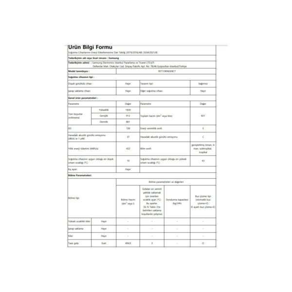 Samsung RF71DB965E8CTR E Enerji Sınıfı 819L No Frost Cooling Gardrop Tipi Buzdolabı