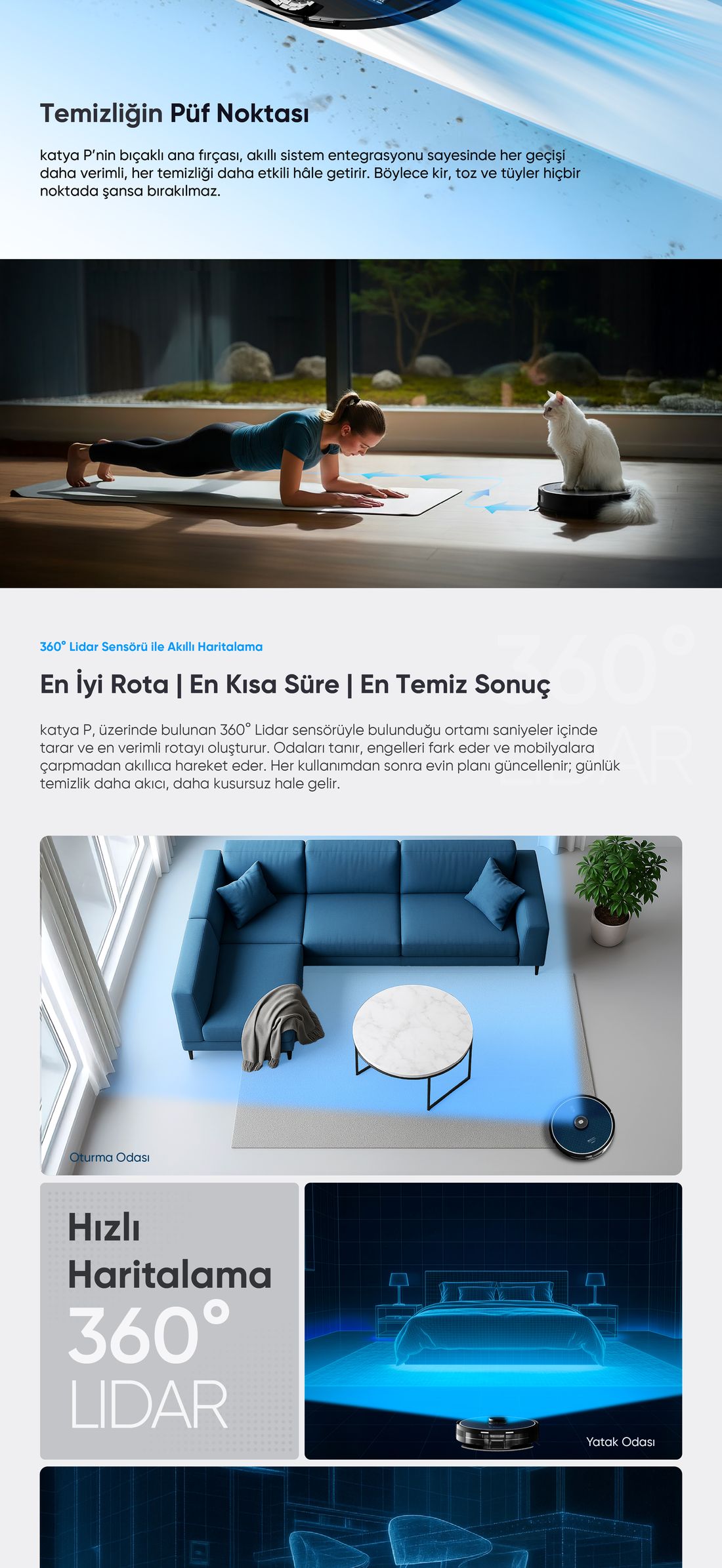 Şımart Katya P Akıllı Robot Süpürge Kıl Kesici Bıçaklı Ana Fırça 8000PA Emiş Gücü