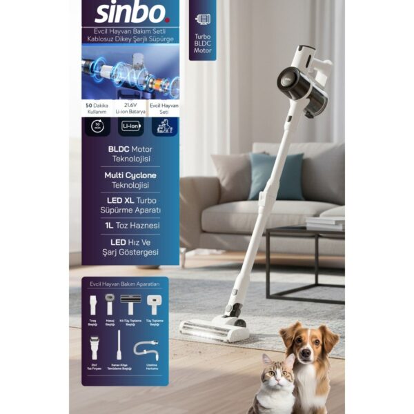 Sinbo SVC-8634 Kablosuz Dikey Süpürge Hayvan Seti 1L Toz Haznesi ile Elektrikli Kullanım ve H13 Hepa Filtre