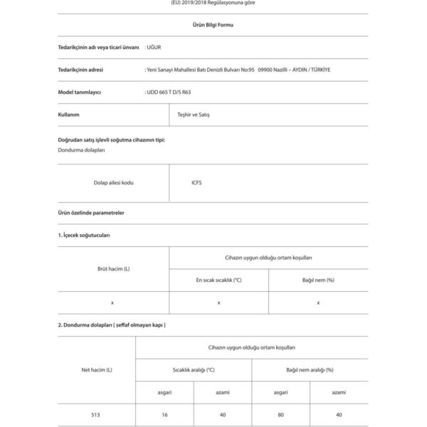 Uğur Udd 665 T D/s R63 C Enerji Sınıfı 513 lt Statik Yatay Derin Dondurucu
