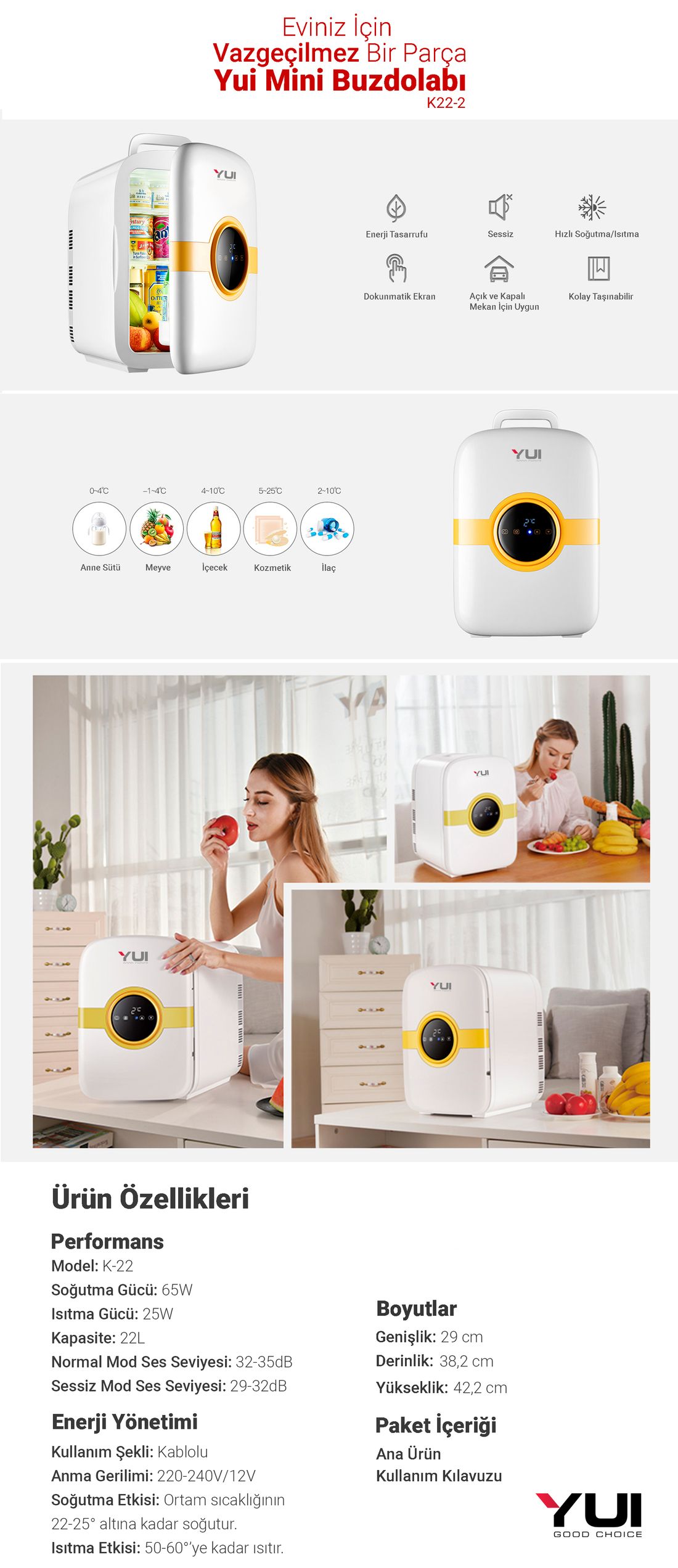 Yui K22 Dokunmatik LED Ekranlı Araç ve Ev Tipi 22 lt Taşınabilir Mini Buzdolabı